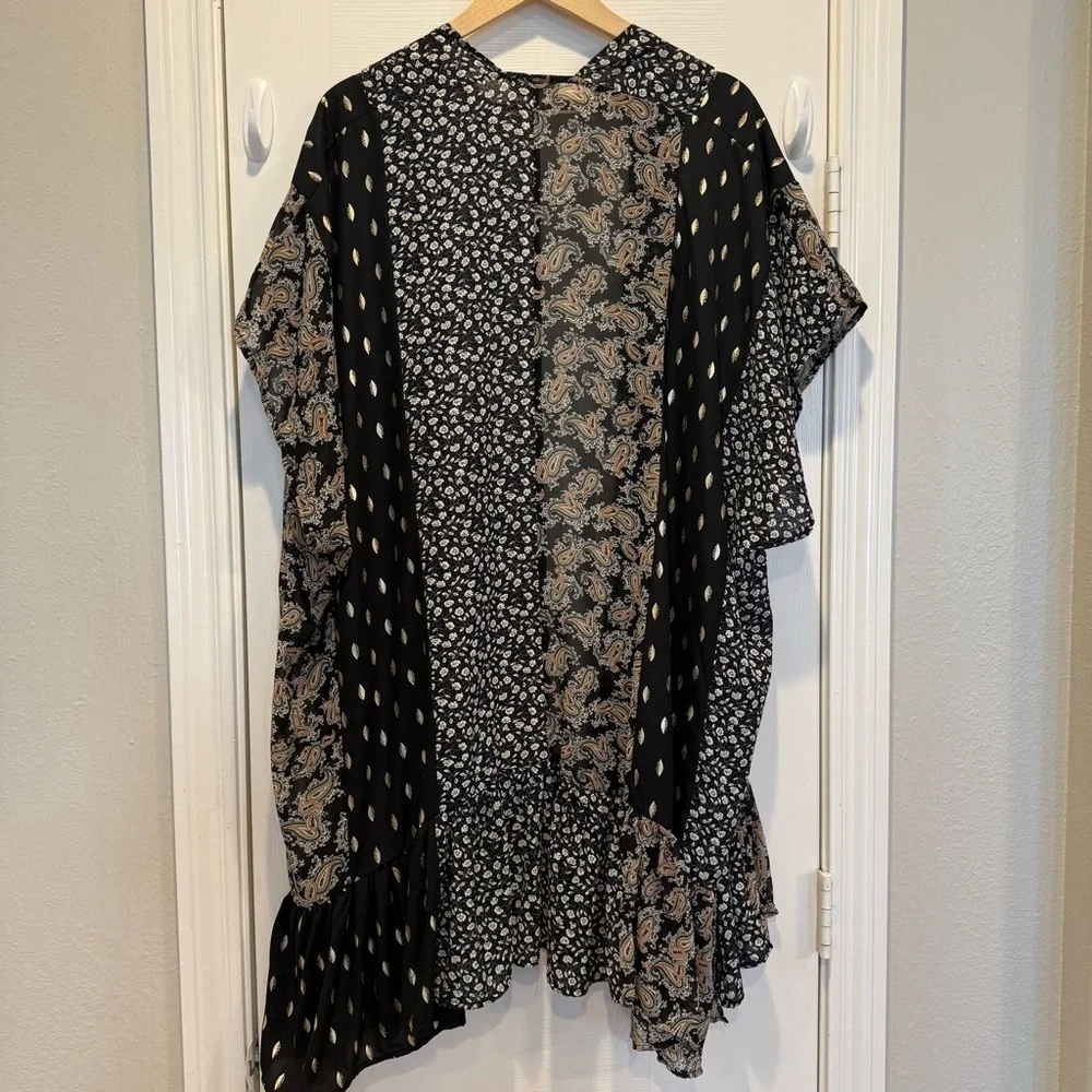 Umgee Kimono Duster Women’s S/M Black Gold Multi Media Ruffle Western Bohemian - Picture 3 of 10